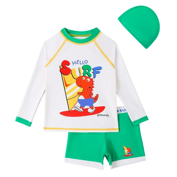 Rhoudy Boys Swim Set Kids' Long Sleeve Cartoon Sark Print Quck Dry 2 Piece Swimsuit Set With Swim Trunks Cute Playsuit Green 4-5 Years