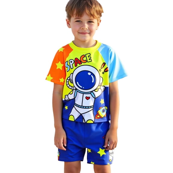 Rhoudy Boys Swim Set Summer Toddler Boys Girls Short Sleeve Cartoon Prints Swimwear Beach Swimsuit Bikini Fashionable Playsuit Blue 5-6 Years
