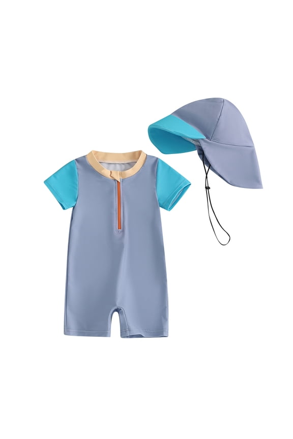 Rhoudy Boys Swim Trunks Baby Rash Guard Upf 50+ Sun Short Sleeve Crewneck Swim Suit For Toddler Beach Pool Summer Water Play Basic Playsuit Blue 12-24 Months