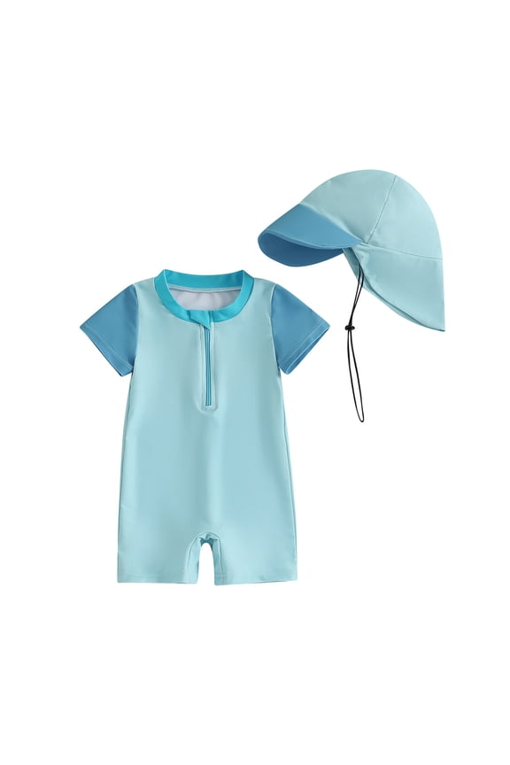 Rhoudy Boys Swim Trunks Baby Rash Guard Upf 50+ Sun Short Sleeve Crewneck Swim Suit For Toddler Beach Pool Summer Water Play Basic Playsuit Light Blue 12-24 Months