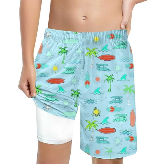 Rhoudy Boys Swim Trunks Cartoon Prints Swim Trunks With Compression Liner 4-Way Stretch Quick Dry Bathing Suit Basic Wear Light Blue 7-8 Years