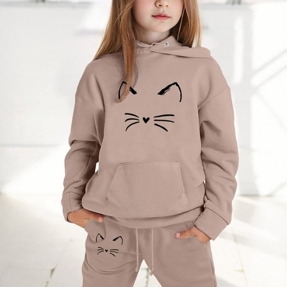 Rhoudy Clothes For Girl 10-11 Years Long Sleeve Tracksuit Cartoon Prints Warm Hoodie Pullover Tops Pants Kids Sweat Suit Durable Outfits Khaki