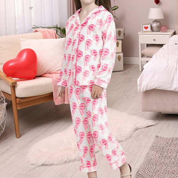 Rhoudy Clothes For Girls 5-6 Years Children'S Printed Button Down Lapel Long Sleeve Top And Pants Homewear Set Adorable Outfits White