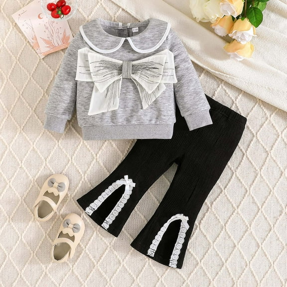 Rhoudy Clothes For Girls 9-12 Months Baby Autumn Long Sleeve Top With Big Bow And Flared Pants Two Piece Outfit For Toddlers Sweet Outfits Grey