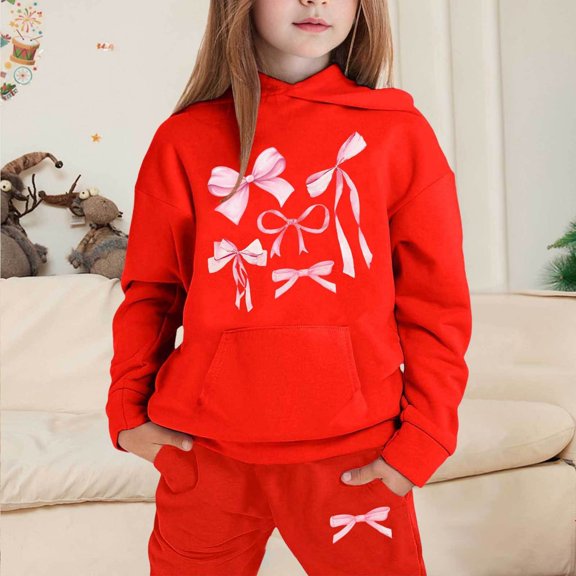 Rhoudy Clothes For Girl 12-13 Years Child Boys Girls Long Sleeve Solid Color Warm Hoodie Pullover Tops Pants Kids Outfits Sweat Suit Sweet Outfits Red