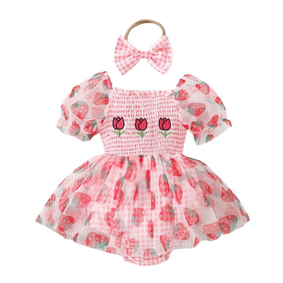 Rhoudy Cute Bodysuit For Girls Round Neck Short Sleeve Plaid Strawberry Prints Floral Romper Newborn Onesiess Dress Red 0-3 Months
