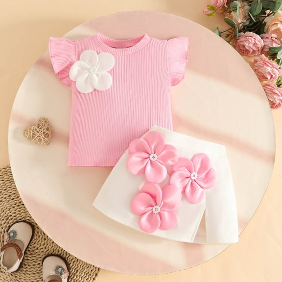 Rhoudy Cute Clothes For Girls 2-3 Years Summer Fly Sleeve Ribbed T Shirt Tops Floral Skirt Outfits Casual Outfits Pink