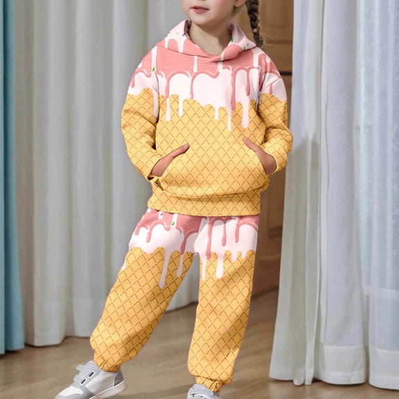 Rhoudy Cute Clothes For Girl 1-2 Years Fall Long Sleeve Top And Pants Two Piece Outfit Ice Cream Print Hooded Suit Winter Jogger Set Durable Outfits Light Pink