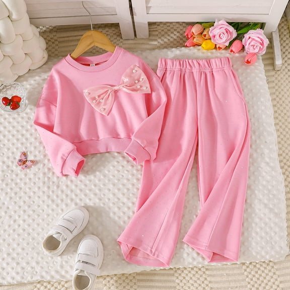 Rhoudy Cute Clothes For Girl 6-7 Years Autumn Long Sleeve Bow Tie Shiny Rhinestone Hoodie With Wide Leg Pants Fashionable Two Piece Outfit For Toddlers Simple Style Outfits Pink