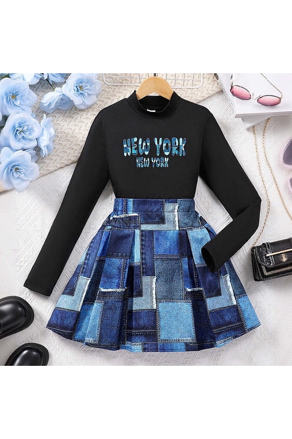 Rhoudy Girl Clothes 9-10 Years Long Sleeve Winter Outfit Letter Print Top With Colorful Denim Skirt Two Piece Coordinated Wear Basic Outfits Blue