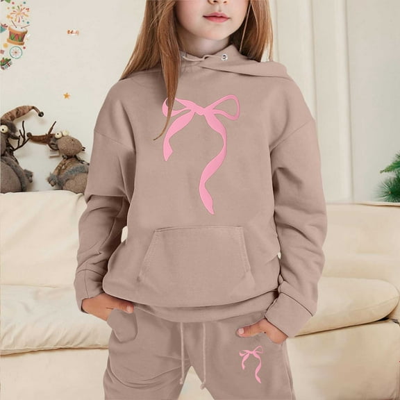 Rhoudy Girl Clothing 12-13 Years Long Sleeve Children'S Hoodie Set Bow Print Pullover Sweatshirt Casual Outfits Khaki