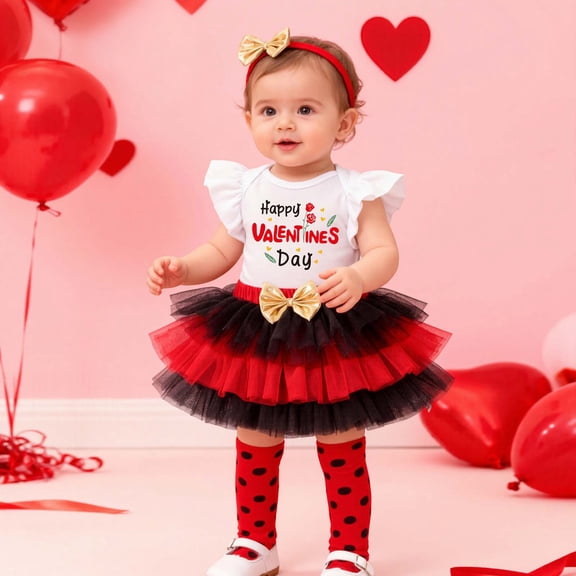 Rhoudy Girl Clothing 12-18 Months Valentines Day Baby Outfit Ruffle Sleeve Bodysuit Skirt Socks Headband Four Piece Swt Relax Fit Outfits White