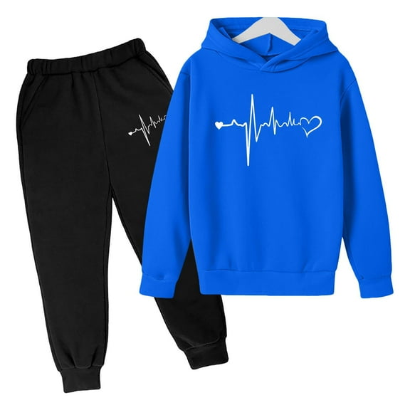 Rhoudy Girls Clothes 6-7 Years Fall Winter Hoodie Sweatshirt Sweatpants Set Letter Prints Tops Pants Long Sleeve Tracksuit Versatile Outfits Blue