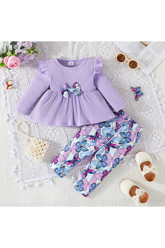 Rhoudy Girls Clothes 9-12 Months Newborn Baby Long Sleeve Floal Print Tops And Pants 2Pcs Outfits Clothes Set Simple Style Outfits Purple