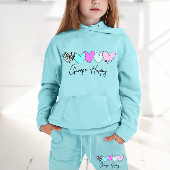 Rhoudy Girls Clothing 3-4 Years Children Kids Boys And Girls Long Sleeve Letter Printed Lightweight Hoodie Sweatshirts And Long Pants Set Outfit Adorable Outfits Light Blue