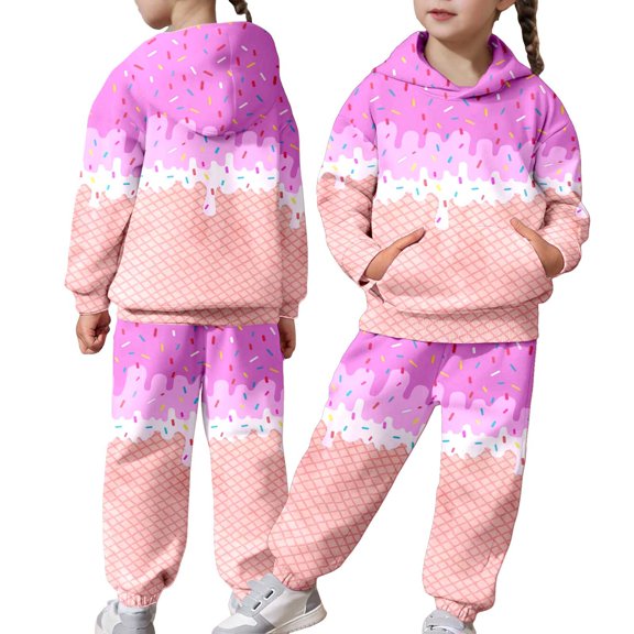 Rhoudy Girls Clothing 4-5 Years Fall Long Sleeve Two Piece Outfit Ice Cream Print Hooded Suit Winter Jogger Set Top And Pants Sweet Outfits Purple