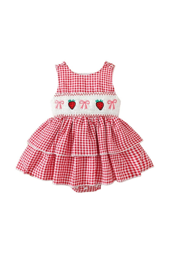 Rhoudy Girls Summer Bodysuit Crewneck Sleeveless Plaid Romper Embroider Onesiess Dress Red 3-6 Months