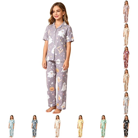 Rhoudy Little Girl'S Pajamas Shorts Sleeve Cartoon Prints T Shirts Pants Lapel Kid Sleepwear Basic Clothes Purple
