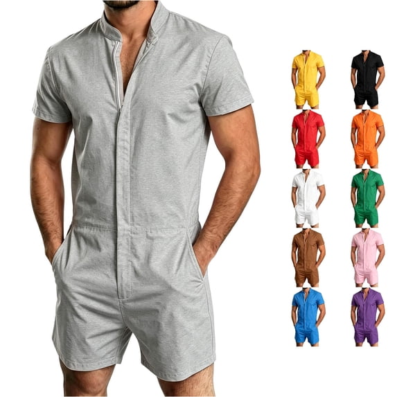 Rhoudy Men Pants Straight Leg Jumpsuit Short Sleeve Stand Collar Romper Piece Shorts Summer Outfit Classic Mens Clothes S Grey