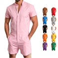 thumbnail image 1 of Rhoudy Men Pants Straight Leg Jumpsuit Short Sleeve Stand Collar Romper Piece Shorts Summer Outfit Handsomen Daily Wear S Pink, 1 of 4