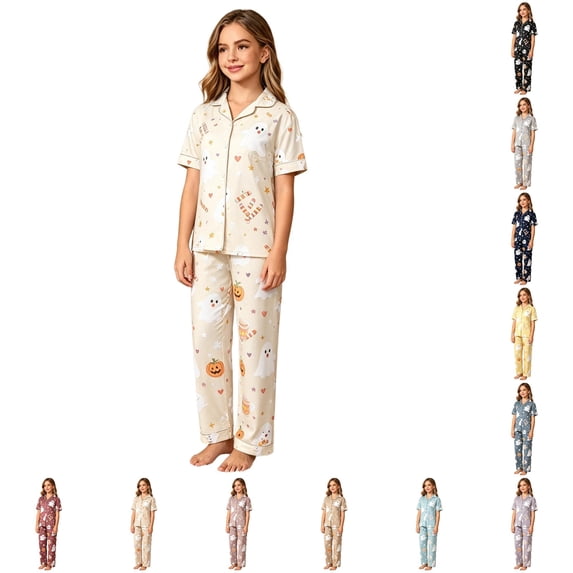 Rhoudy Pajamas For Big Girls Teen Shorts Sleeve Cartoon Prints T Shirts Pants Lapel Sleepwear Elegant Daily Wear White