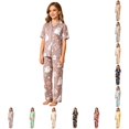 thumbnail image 1 of Rhoudy Pajamas For Little Girls Shorts Sleeve Cartoon Prints T Shirts Pants Lapel Kid Sleepwear Casual Clothes Light Purple, 1 of 4