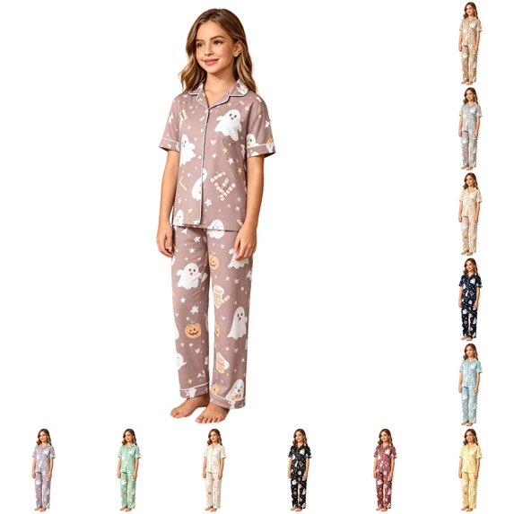 Rhoudy Pajamas For Little Girls Shorts Sleeve Cartoon Prints T Shirts Pants Lapel Kid Sleepwear Casual Clothes Light Purple