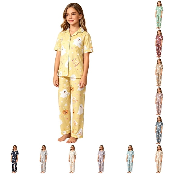 Rhoudy Pajamas For Toddler Girls Shorts Sleeve Cartoon Prints T Shirts Pants Lapel Sleepwear Basic Daily Wear Yellow