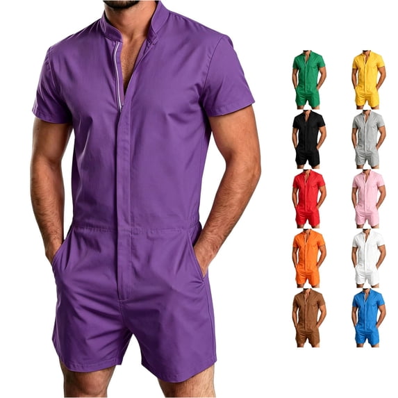 Rhoudy Pants For Men Straight Leg Jumpsuit Short Sleeve Stand Collar Romper Piece Shorts Summer Outfit Trend Mens Clothes L Purple