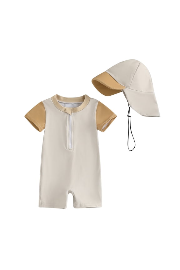 Rhoudy Swim Trunks Boys Baby Rash Guard Upf 50+ Sun Short Sleeve Crewneck Swim Suit For Toddler Beach Pool Summer Water Play Handsome Wear Khaki 6-12 Months