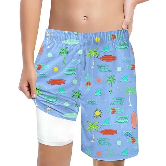 Rhoudy Swim Trunks Boys Cartoon Prints Swim Trunks With Compression Liner 4-Way Stretch Quick Dry Bathing Suit Adorable Playsuit Sky Blue 5-6 Years