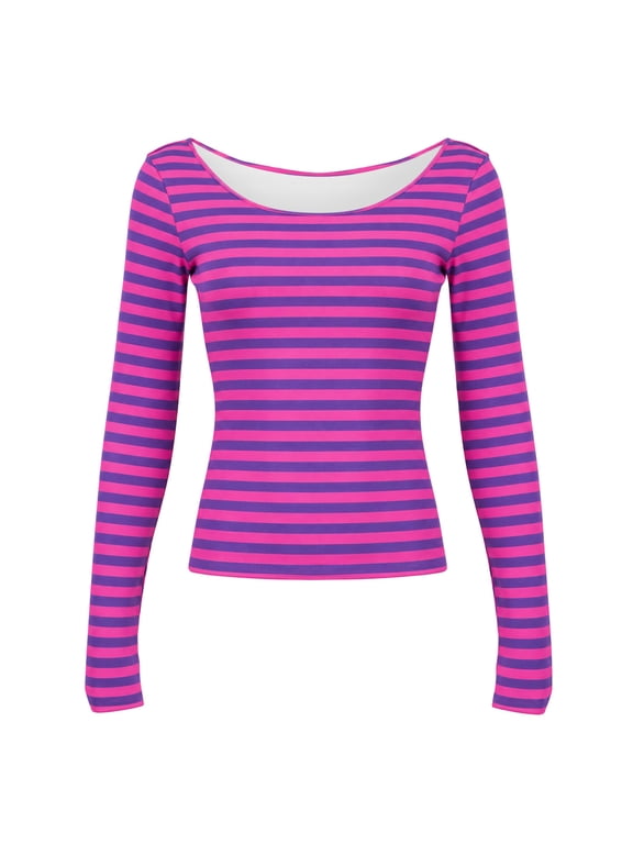 Rhoudy Tshirts Shirts for Women Long Sleeve Stripe Pattern Crop Tops Crewneck Tee Simple Daily Clothes Purple
