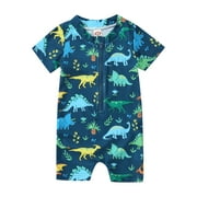 Rhuody 18-24 Months boy swimsuit Trend Summer Toddler Short Sleeve Cartoon Dinosaur Prints 1 Piece Swimwear Beach Swimsuit Dark Blue