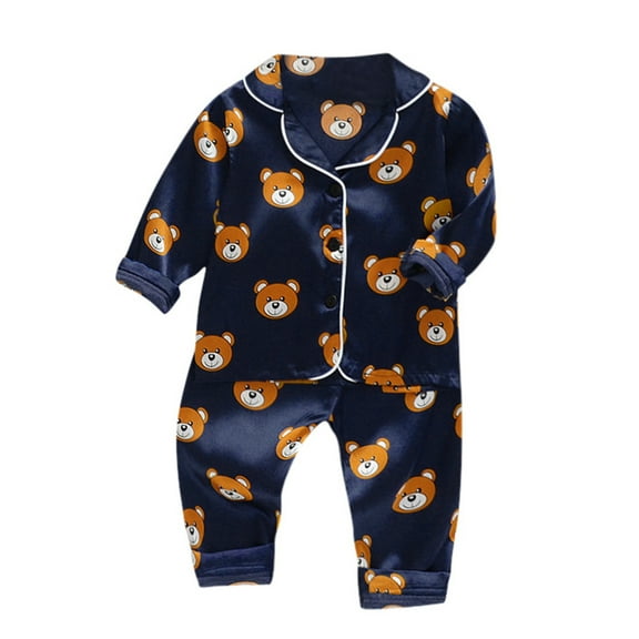 Rhuody 2-3 Years Boys Fall Pajamas Cartoon Graphic Sleepwear Lapel Tops Pants Pajamas Long Sleeves Pjs Set Toddler Soft Daily Wear Navy