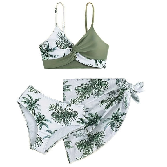 Rhuody 9-10 Years Girls Swimsuit 3 Pcs Swimwear Bathing Suits Tropical Floral Print Bikini Sets With Cover Up Skirt Adorable Girl Clothes Army Green