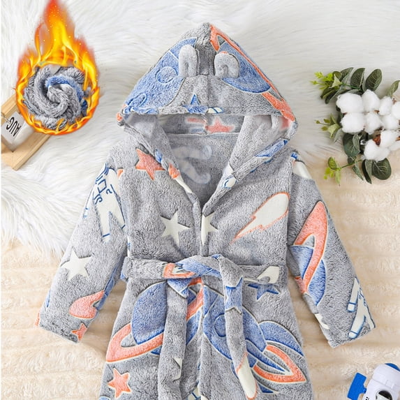 Rhuody Boy Casual Outfit Long Sleeve Bathrobes Hooded Cartoon Pattern Sleepwear Round Neck Nightwear 6-7 Years Child Fashion Wear Dark Gray