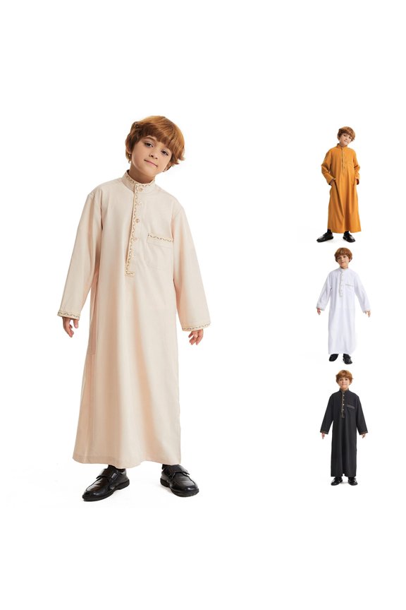 Boy Coats 3-4 Years Stand Collar Long Sleeve Thobe Loose Full Length Robe For Daily Wear Soft Clothing