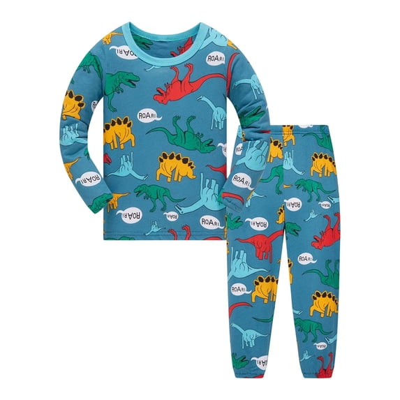 Rhuody Boy Pajamas Crewneck Nightwear Long Sleeve Tops Pants Kids Cartoon Prints Sleepwear Casual Homewear Blue 12-18 Months
