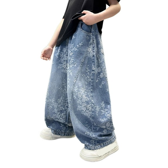 Rhuody Boy Spring Pants Wide Leg Denim Pants Straight Fit Trousers For Kids Fall And Long Jeans Trend Wear Blue 8-10 Years