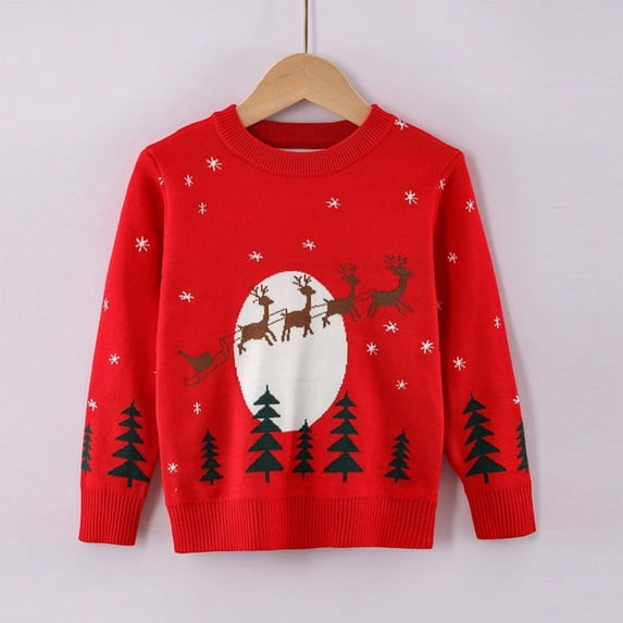 Rhuody Boy Sweaters Christmas Long Sleeve Cartoon Graphic Top Round Neck Sweaters Simple Daily Wear 9-10 Years Red