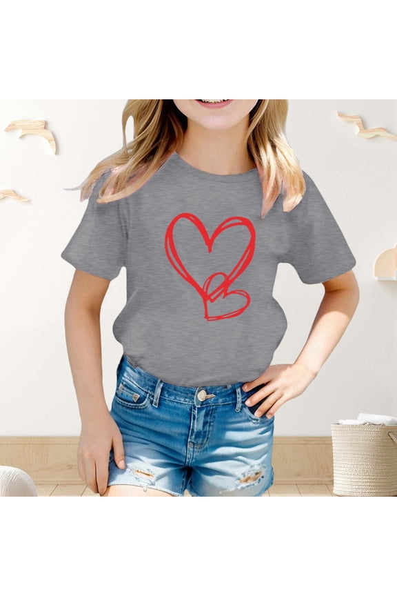 Boy Tops Crew Neck Spring T Shirt Short Sleeve Tee Heart Print Blouse Lightweight Summer Wear 4-5 Years Grey