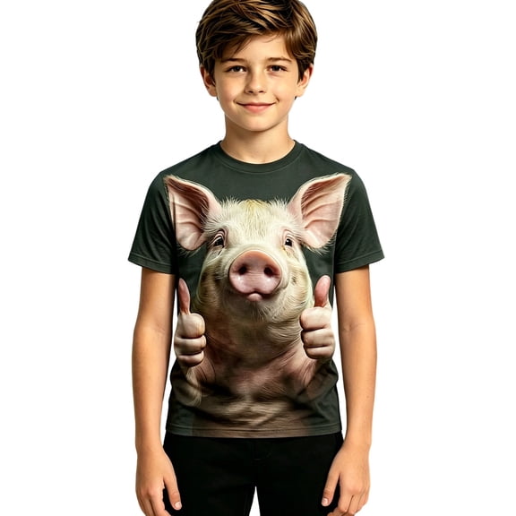 Rhuody Boy Tops Short Sleeve Cartoon Animal Pattern Round Neck Tee 7-8 Years Grey