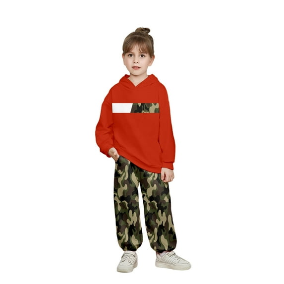 Rhuody Boys Outfits Camo Print Crewneck Sweatsuit Pullover Hooded Long Sleeve Sweatshirt With Pants Loose Fit Tracksuit Simple Style Playsuit Red 9-10 Years