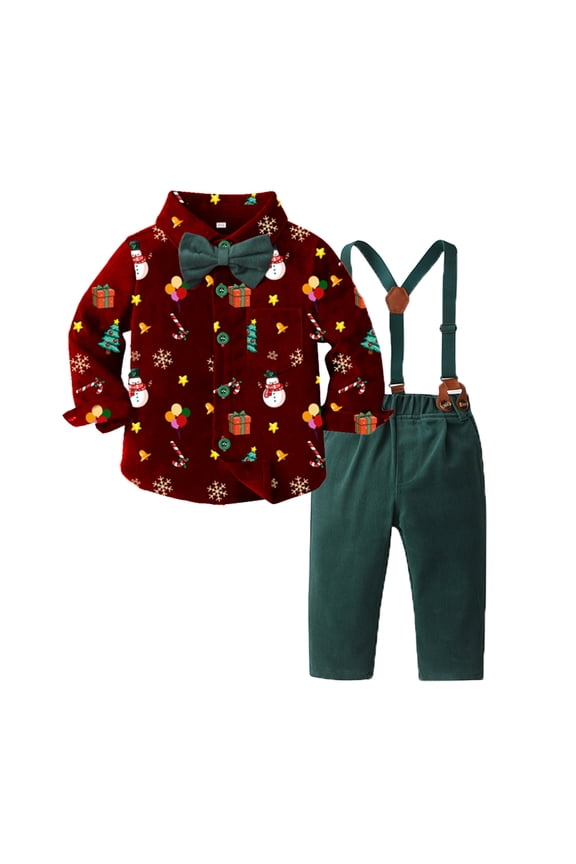 Boys Outfits Long Sleeve Christmas Animal Prints T Shirt Tops Suspender Pants Child Kids Gentleman Suits Handsome Clothes Set Red 4-5 Years