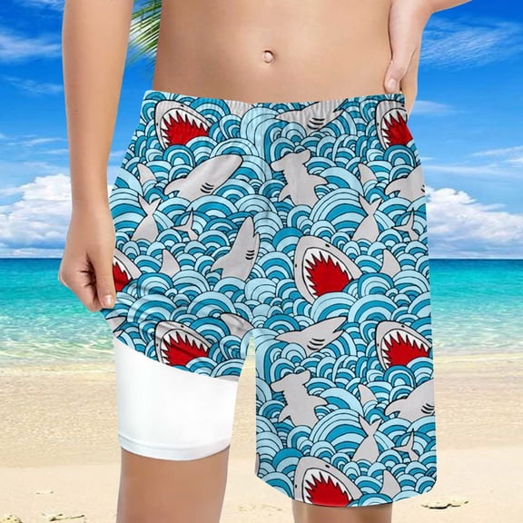 Rhuody Boys Swim Trunks Shorts High Elastic Waist Swimming Shorts Cartoon Prints Lace Up Loose Casual Pants Comfortable Swimwear Bottoms Light Blue 14 Years