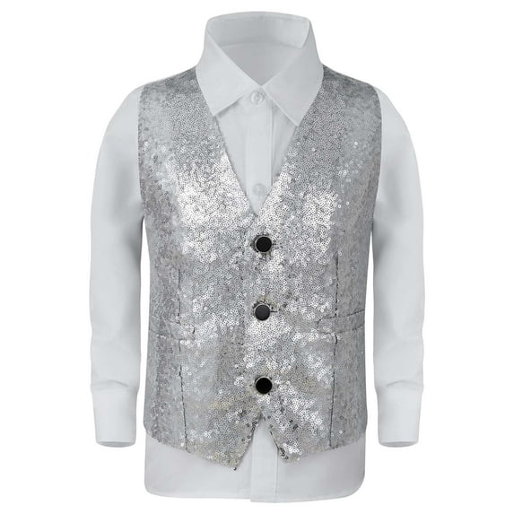 Rhuody Boys T Shirts Crewneck Tee Short Sleeve Tops Sequins Shirt Adorable Clothes Silver 9-10 Years