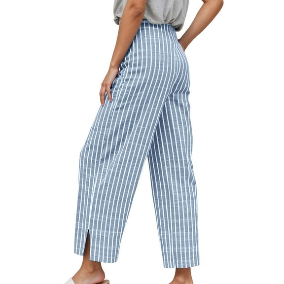 Rhuody Casual Pants For Women Stylish Striped Loose Fit High Waist Nine Inch Straight Leg Trousers Retro Daily Wear Light Blue Xl