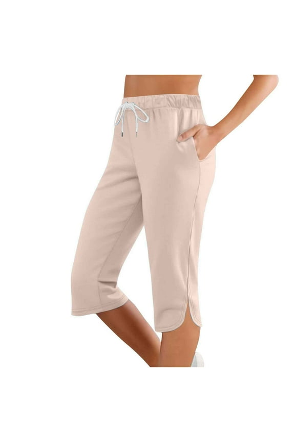 Casual Pants For Womens Solid Colored Slimming Mid Waist Three Quarter Pants Straight Leg Slacks Basic Clothes Beige 2Xl