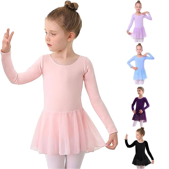 Rhuody Child Girl Dress Long Sleeve Ballet Leotards Solid Color Crew Neck Dance Dresses Simple Wear Pink