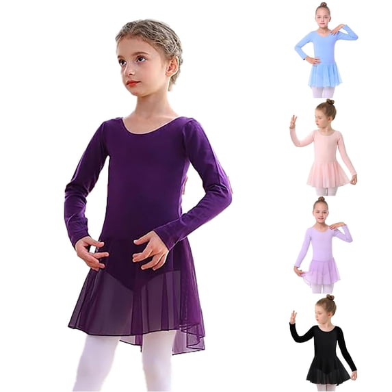 Rhuody Child Girl'S Dress Long Sleeve Ballet Leotards Solid Color Crew Neck Dance Dresses Basic Wear Dark Purple
